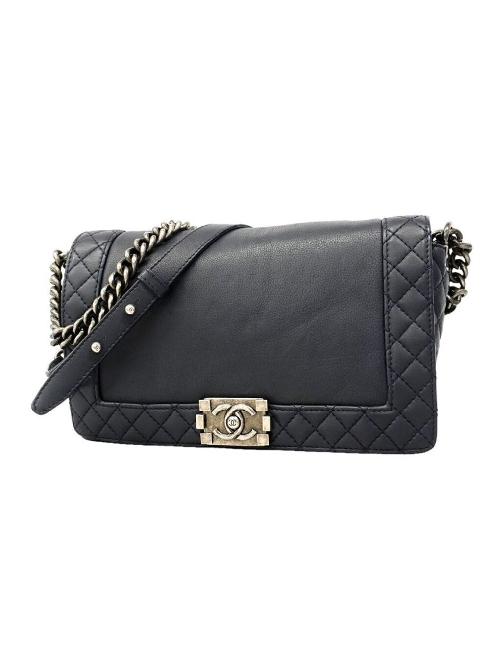 Chanel Shoulder Bag Boy Lambskin Navy Silver